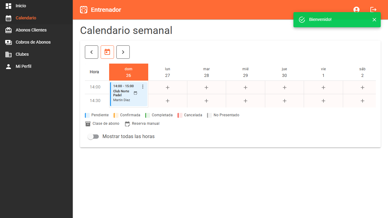 Calendario semanal de entrenador en Turnea