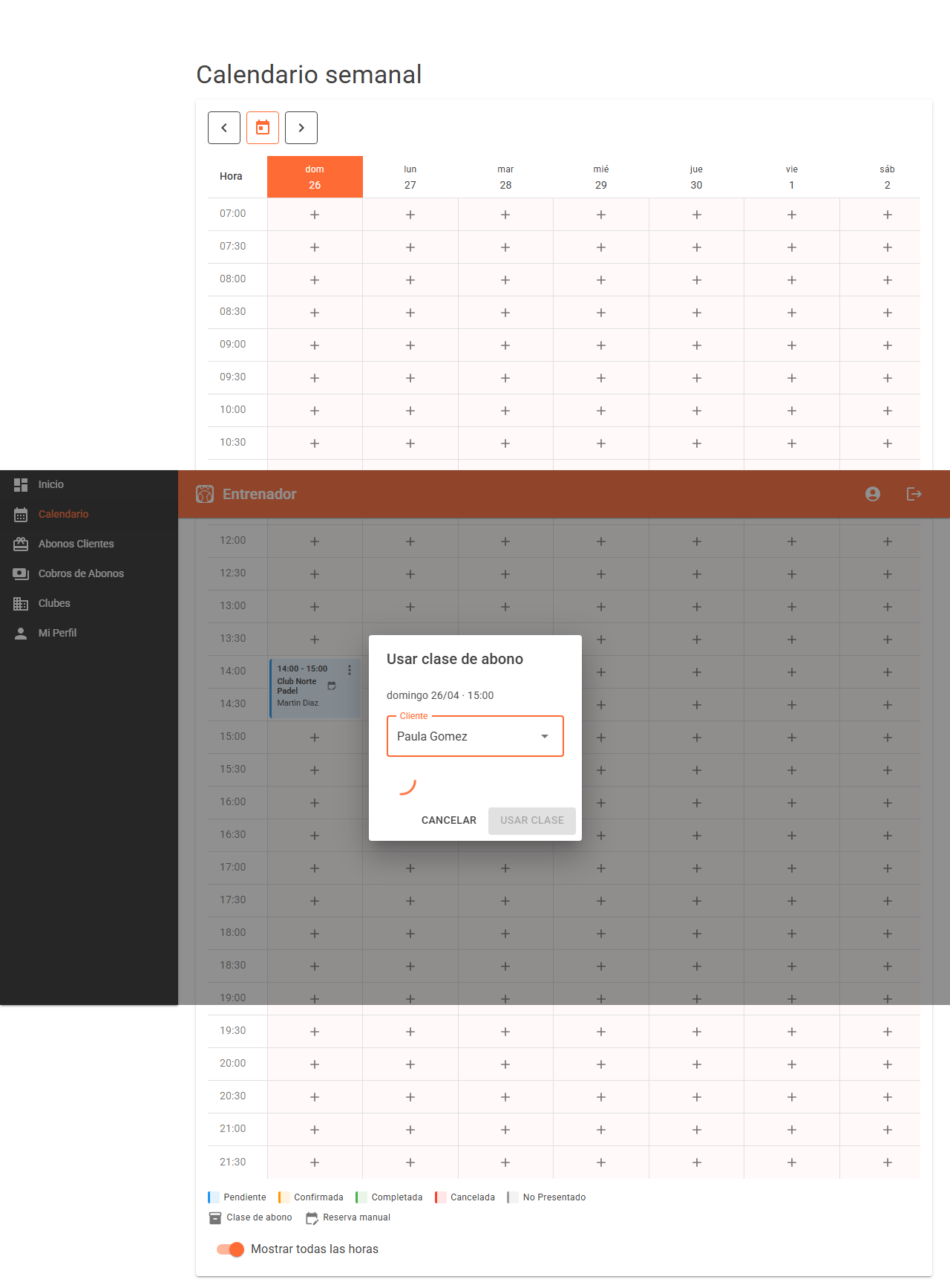 Seleccion de cliente con abono activo desde el calendario semanal